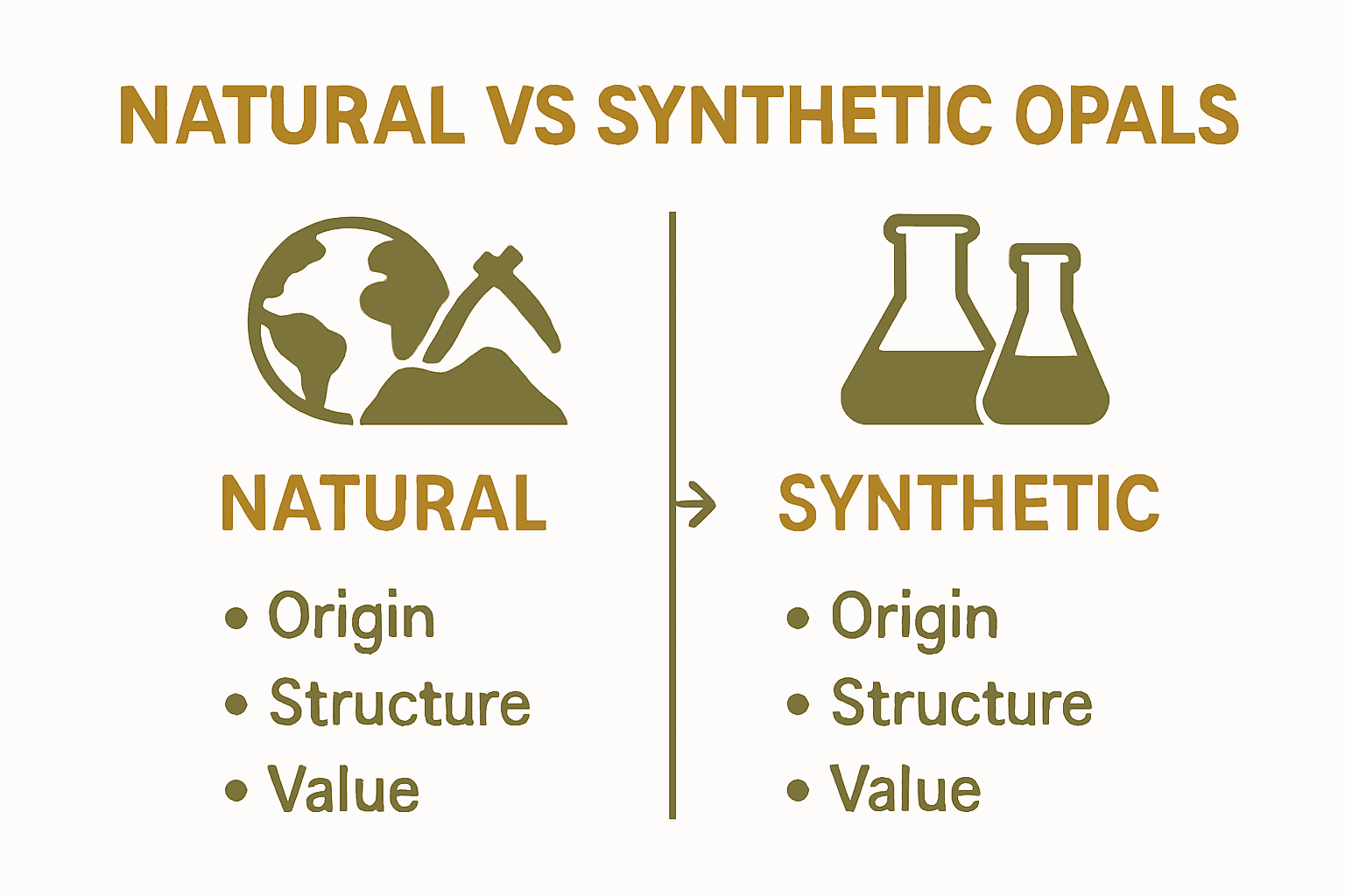 Infographic comparing natural and synthetic opals with icons and brief descriptors.