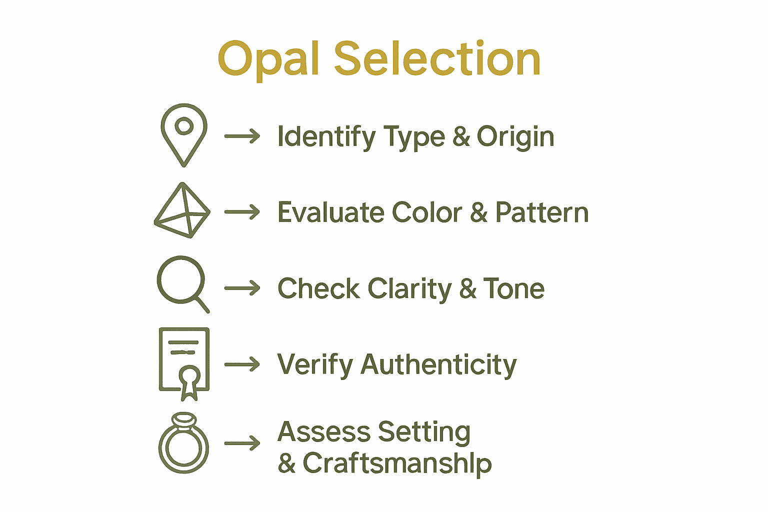 Five-step opal gemstone selection process infographic with icons