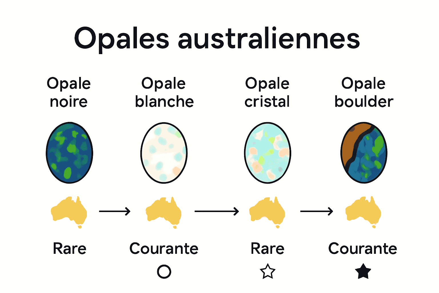 Comparaison visuelle des quatre types principaux d’opales australiennes avec icônes et régions minières.