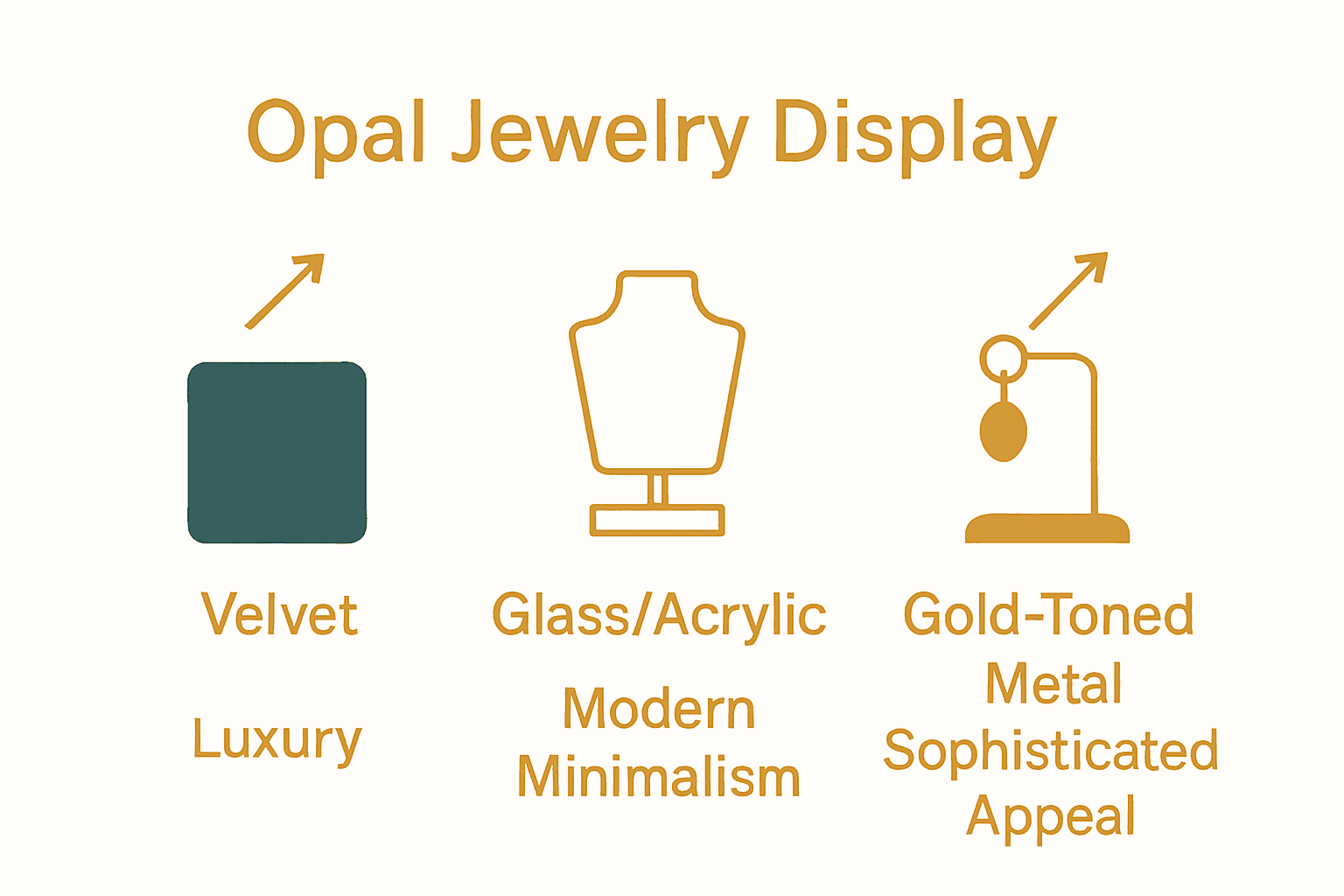 Comparison of opal jewelry display materials with icons and ideal lighting tips