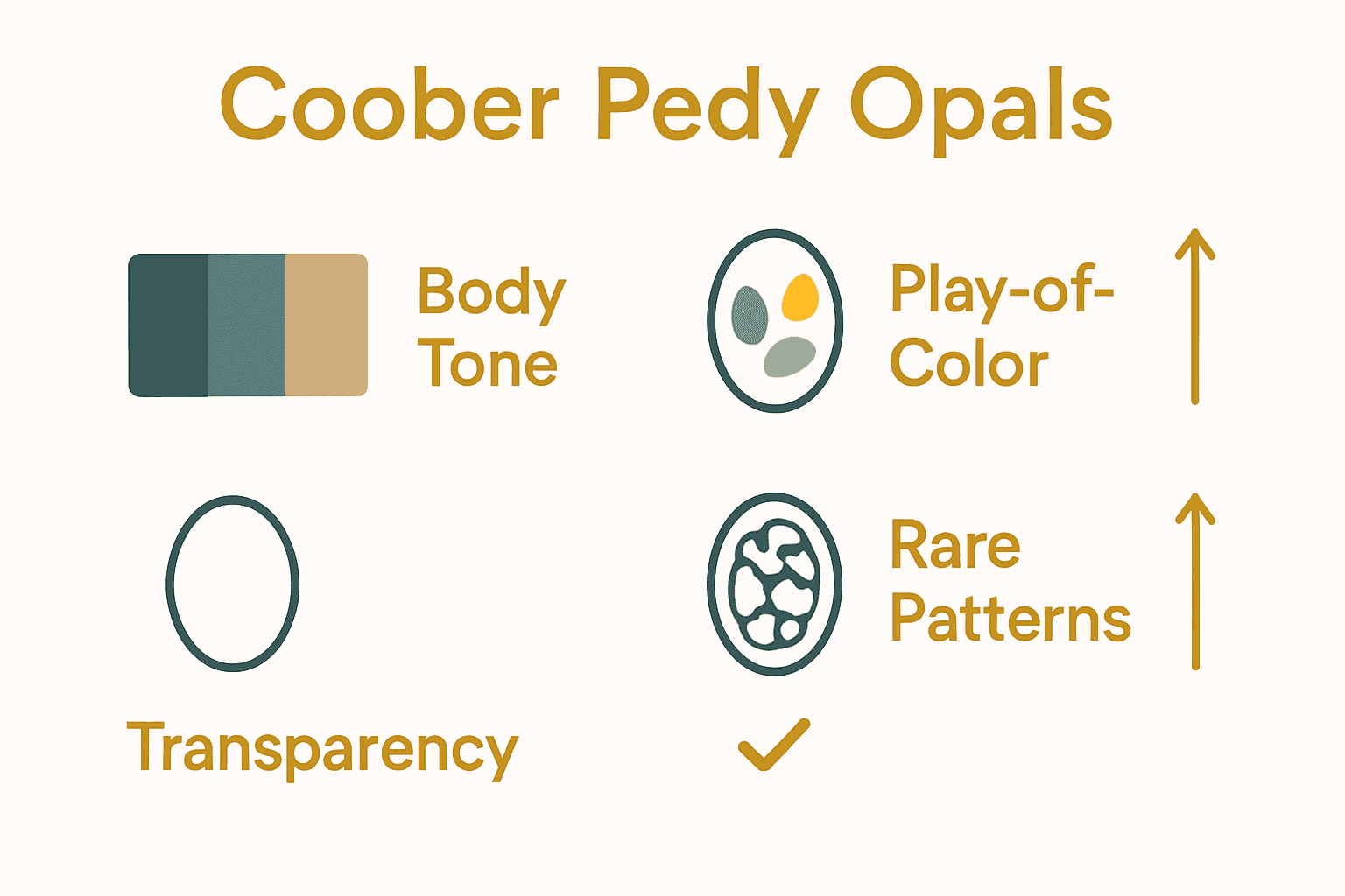 Infographic showing main quality factors for evaluating Coober Pedy opal.