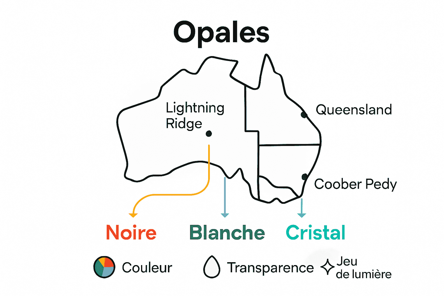 Carte des régions d’opale australienne et critères d’authenticité visuels