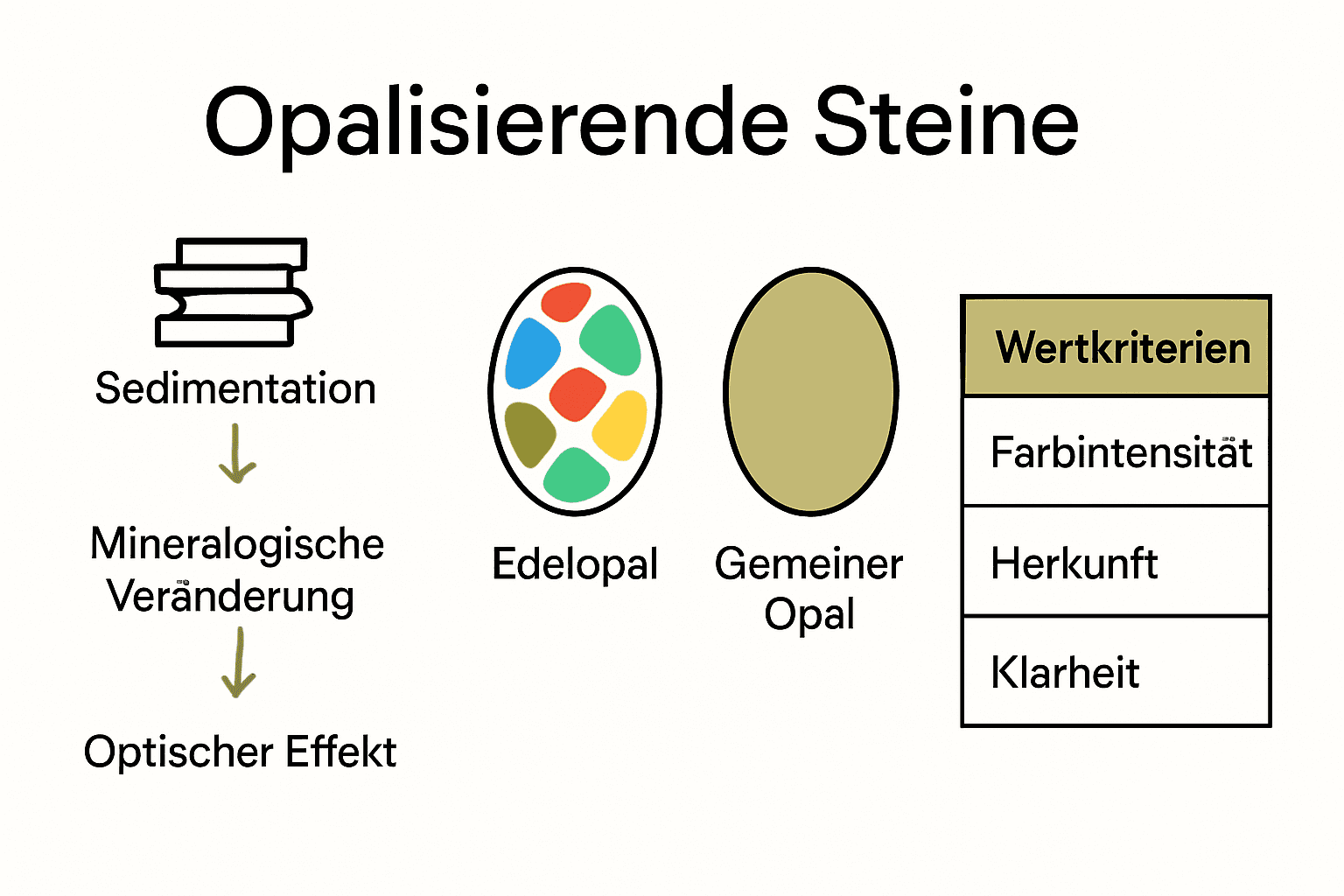 Infografik zu Entstehung, Typen und Wert opalisierender Steine