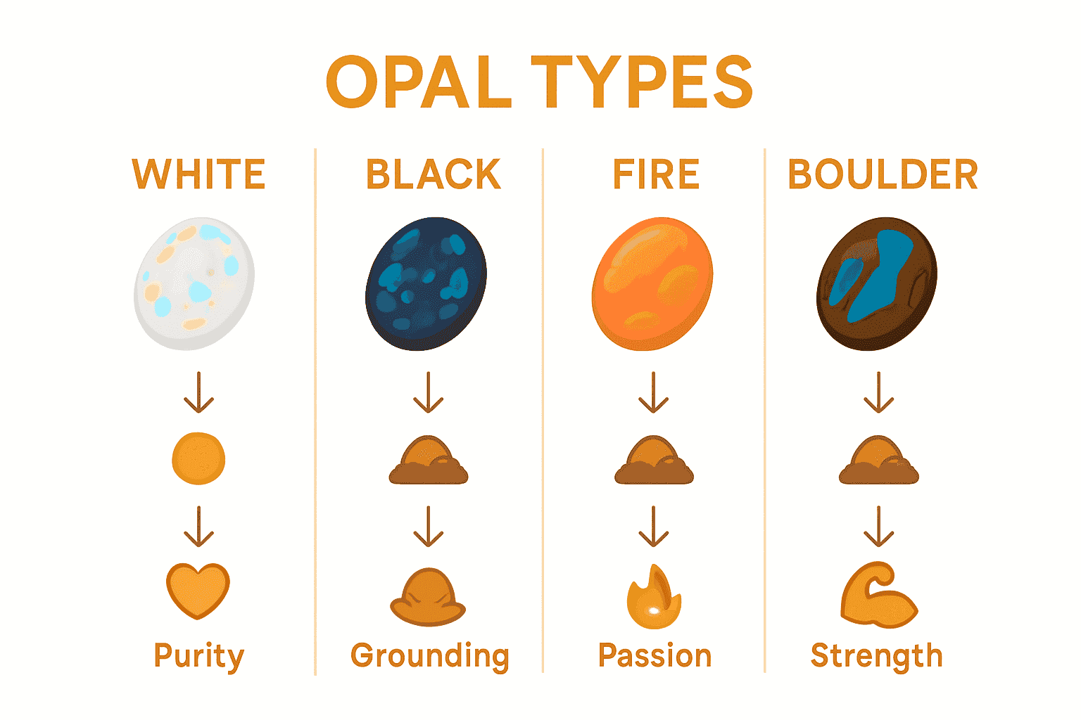 Infographic comparing four types of opals and their unique meanings and energies.