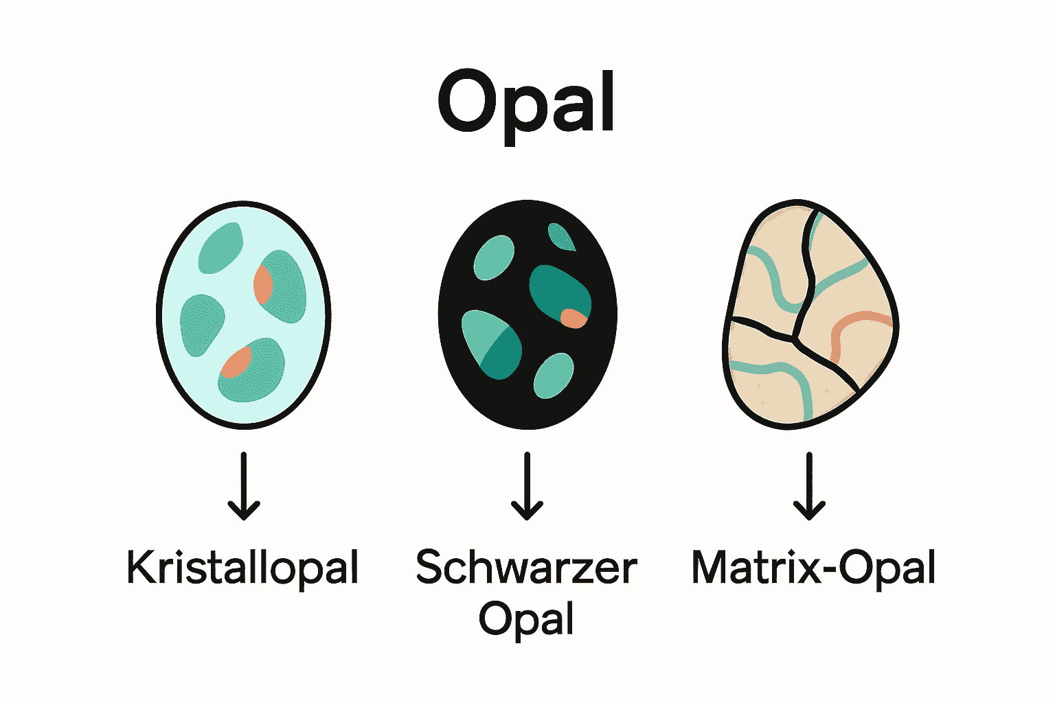 Vergleichs-Infografik der drei Hauptarten von Andamooka Opal: Kristallopal, schwarzer Opal und Matrix-Opal.