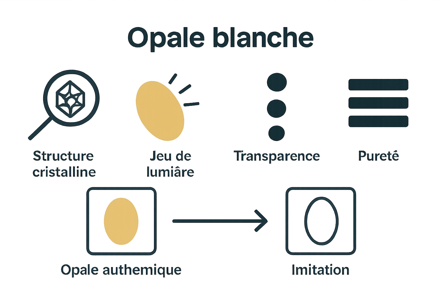 Critères visuels d’évaluation d’une opale blanche authentique comparés à une imitation.