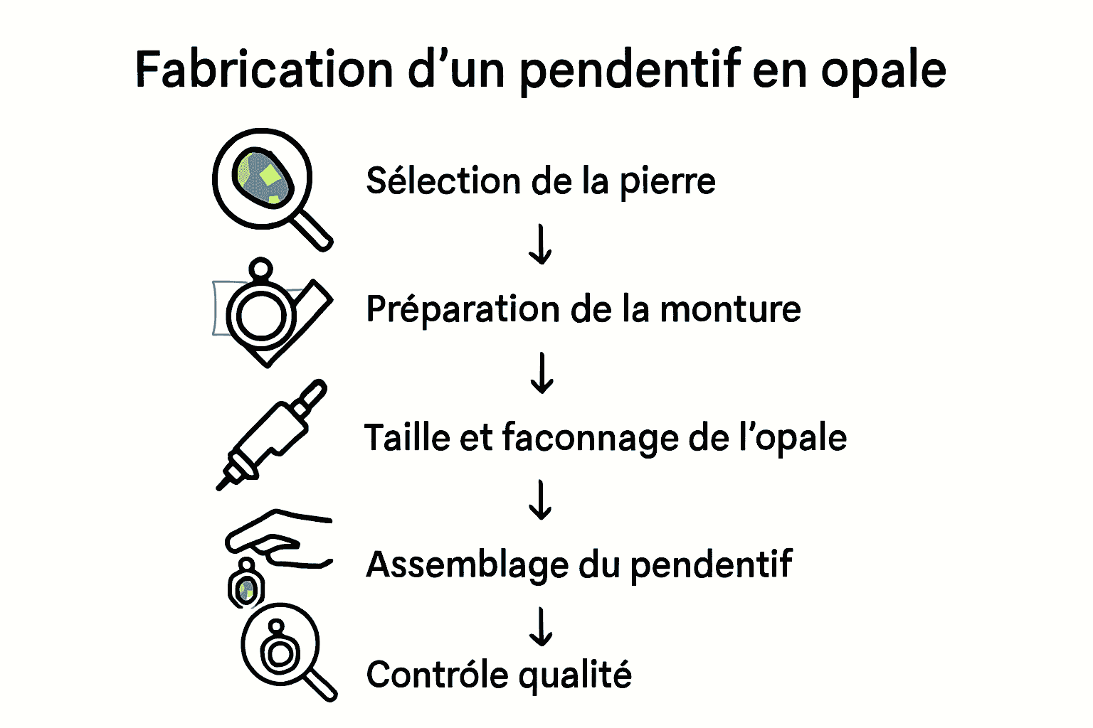 Infographie processus fabrication pendentif opale en 5 étapes.