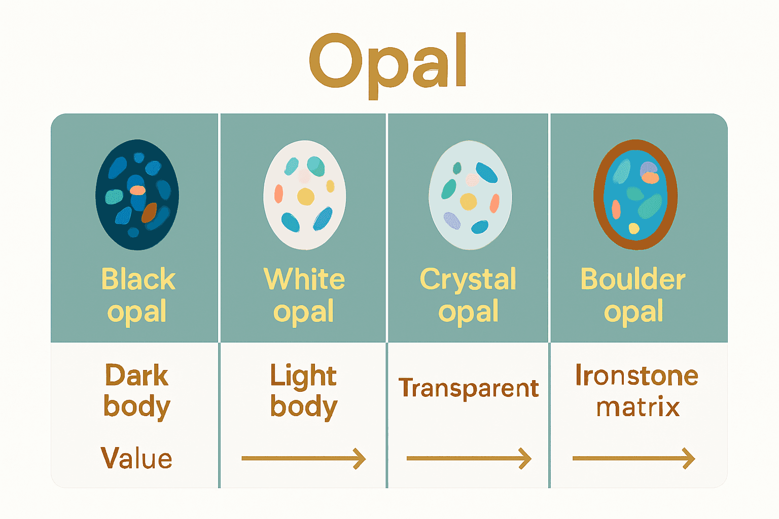 Infographic visually comparing four major types of Australian opals with icons and value ratings.