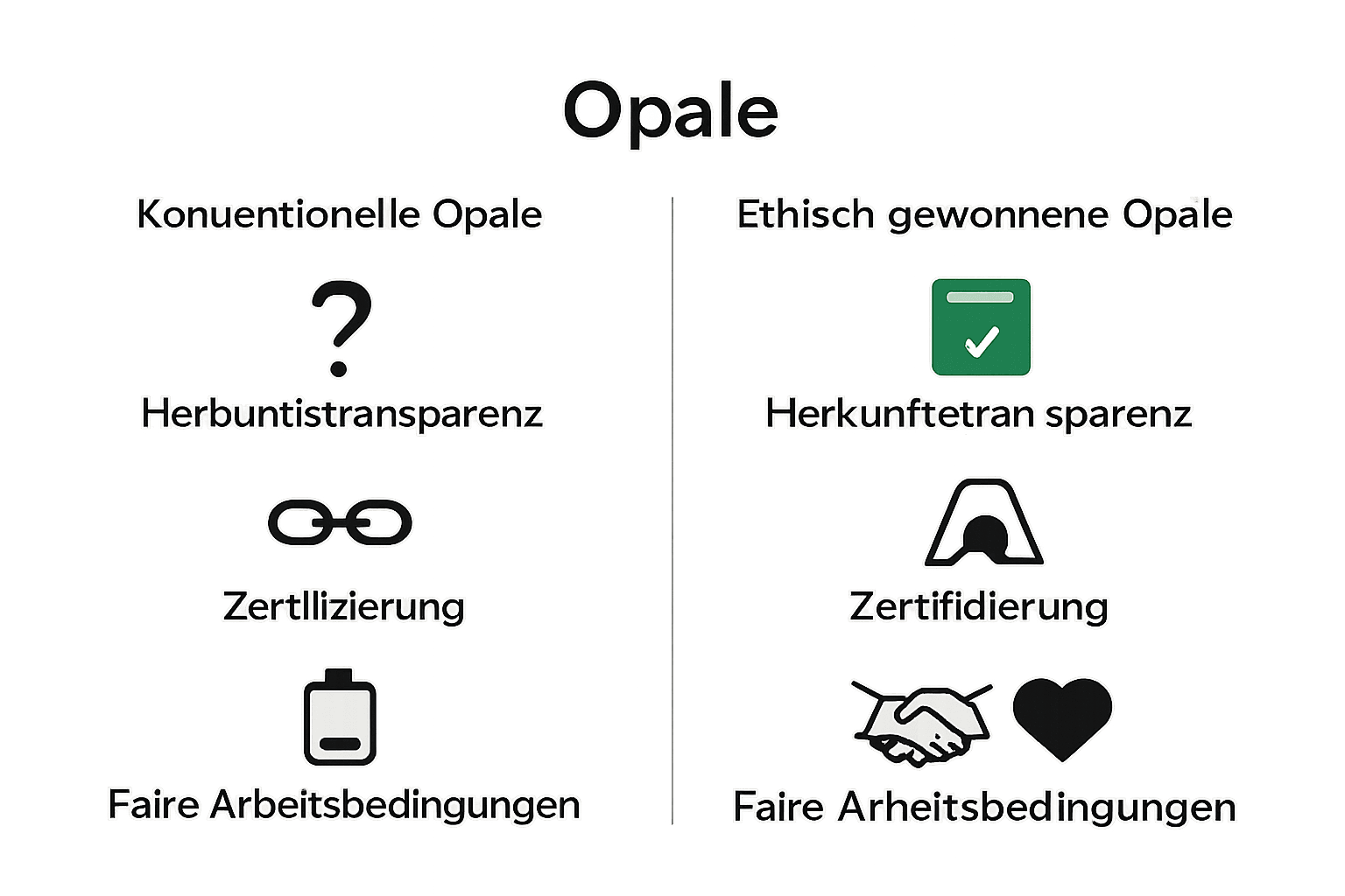 Vergleich von konventionellen und ethisch gewonnenen Opalen mit Symbolen für Transparenz, Zertifizierung und faire Bedingungen.