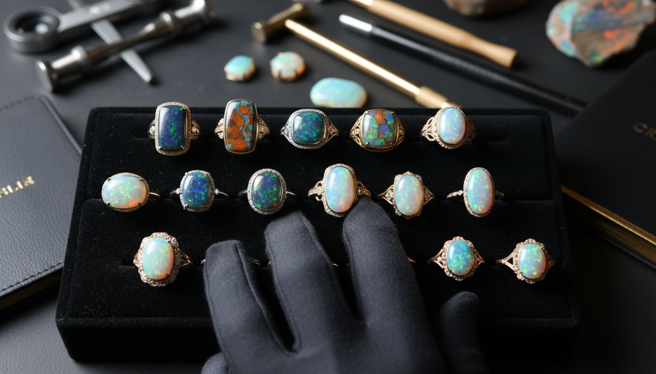 Luxurious handcrafted opal rings on velvet display