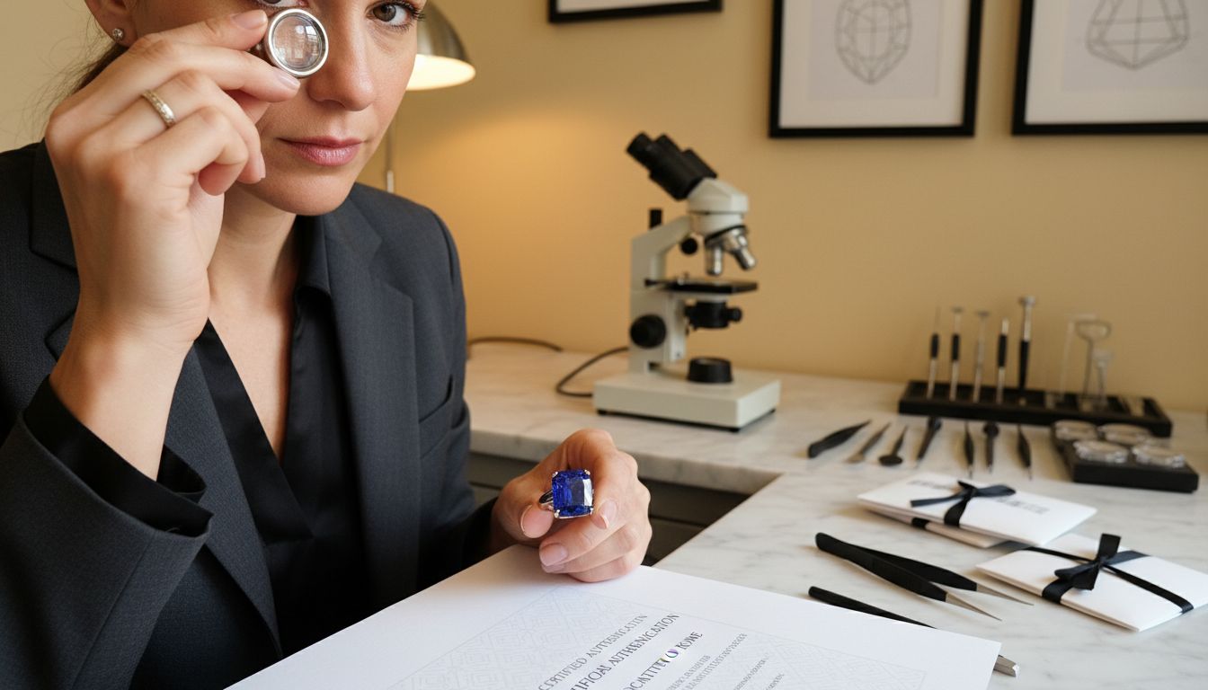 Gemologist inspecting sapphire ring and certificate