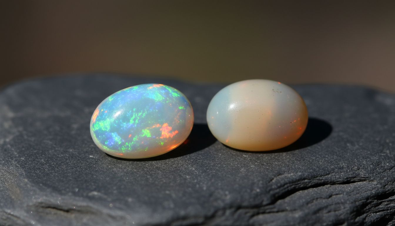 Opale précieuse irisée et opale commune terne