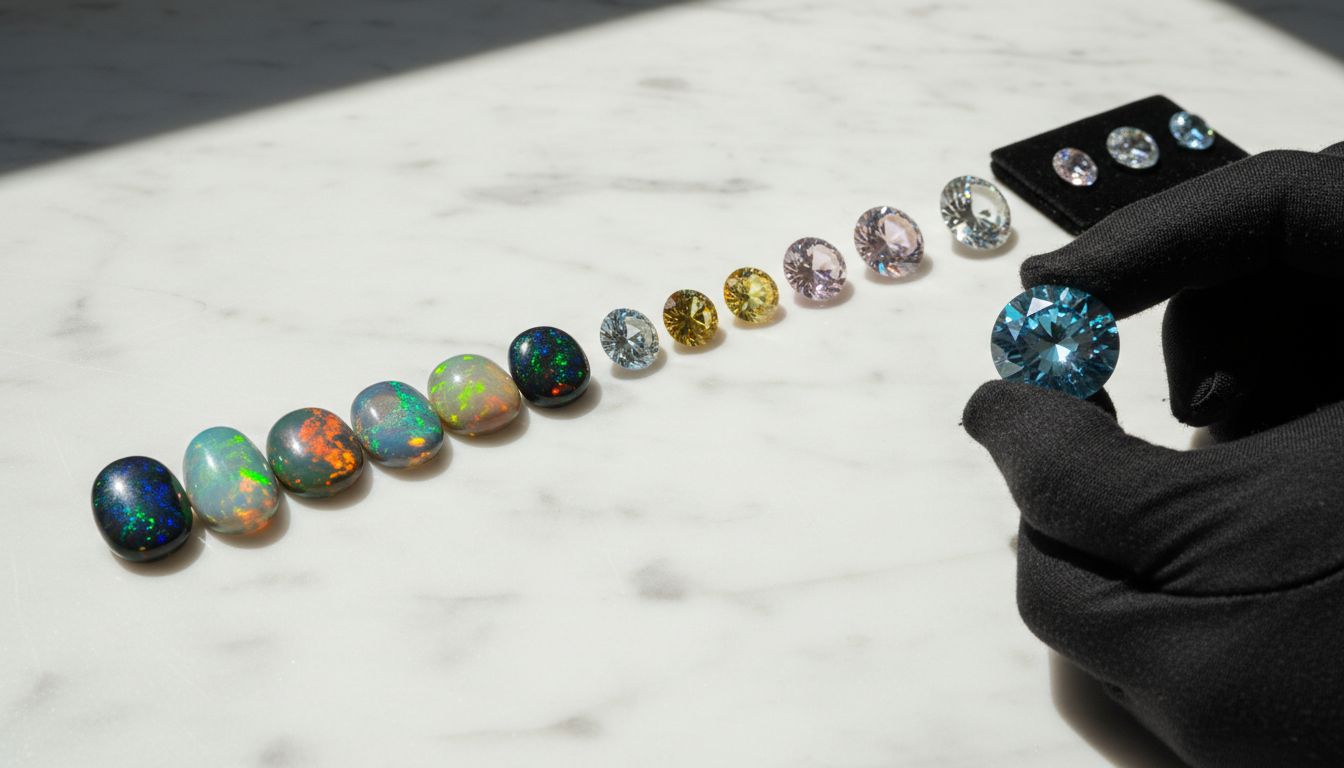 Nuancier d’opales colorées et diamants variés