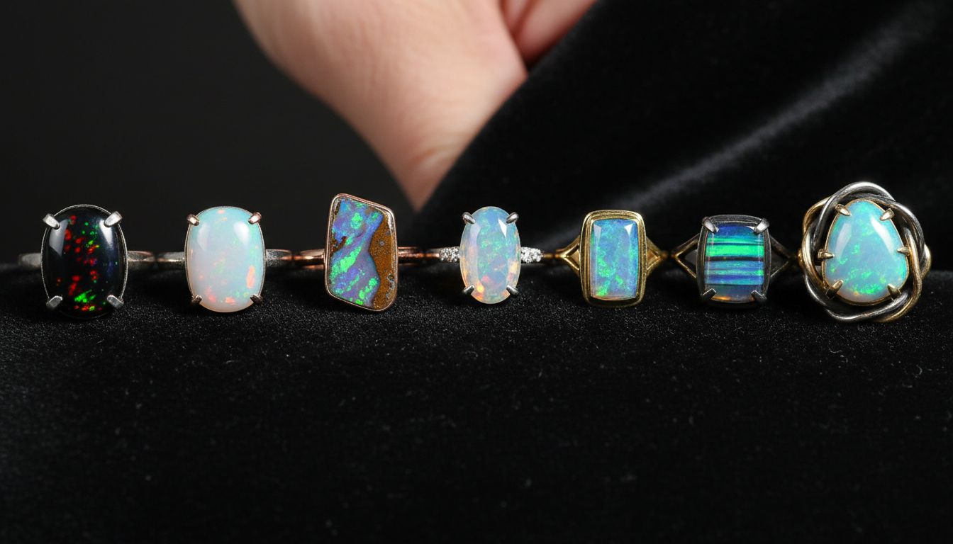 Sieben verschiedene Opalringe edel arrangiert