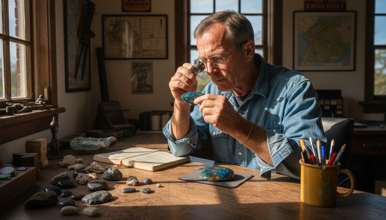 Collector examining Lightning Ridge opals at desk