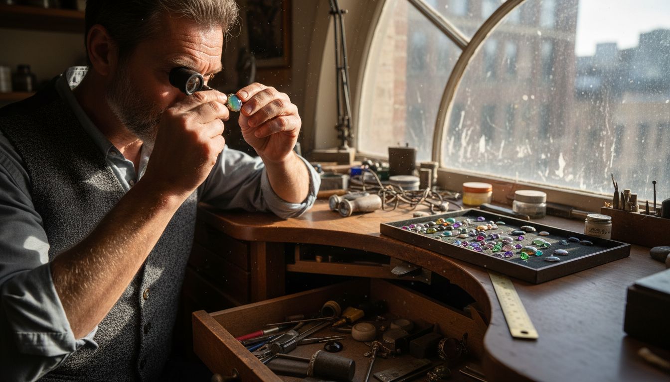 Jeweler examining opal at cluttered desk