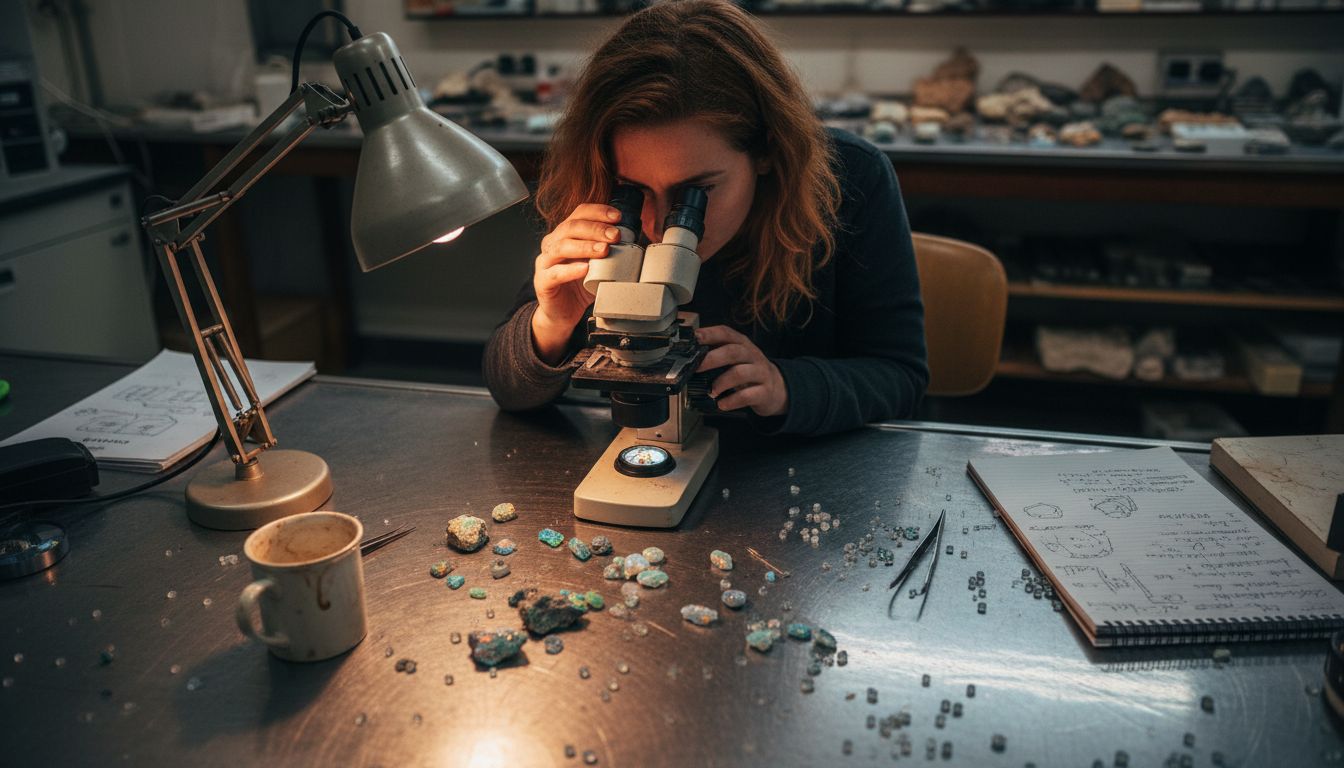 Gemologist analyzing opal under microscope
