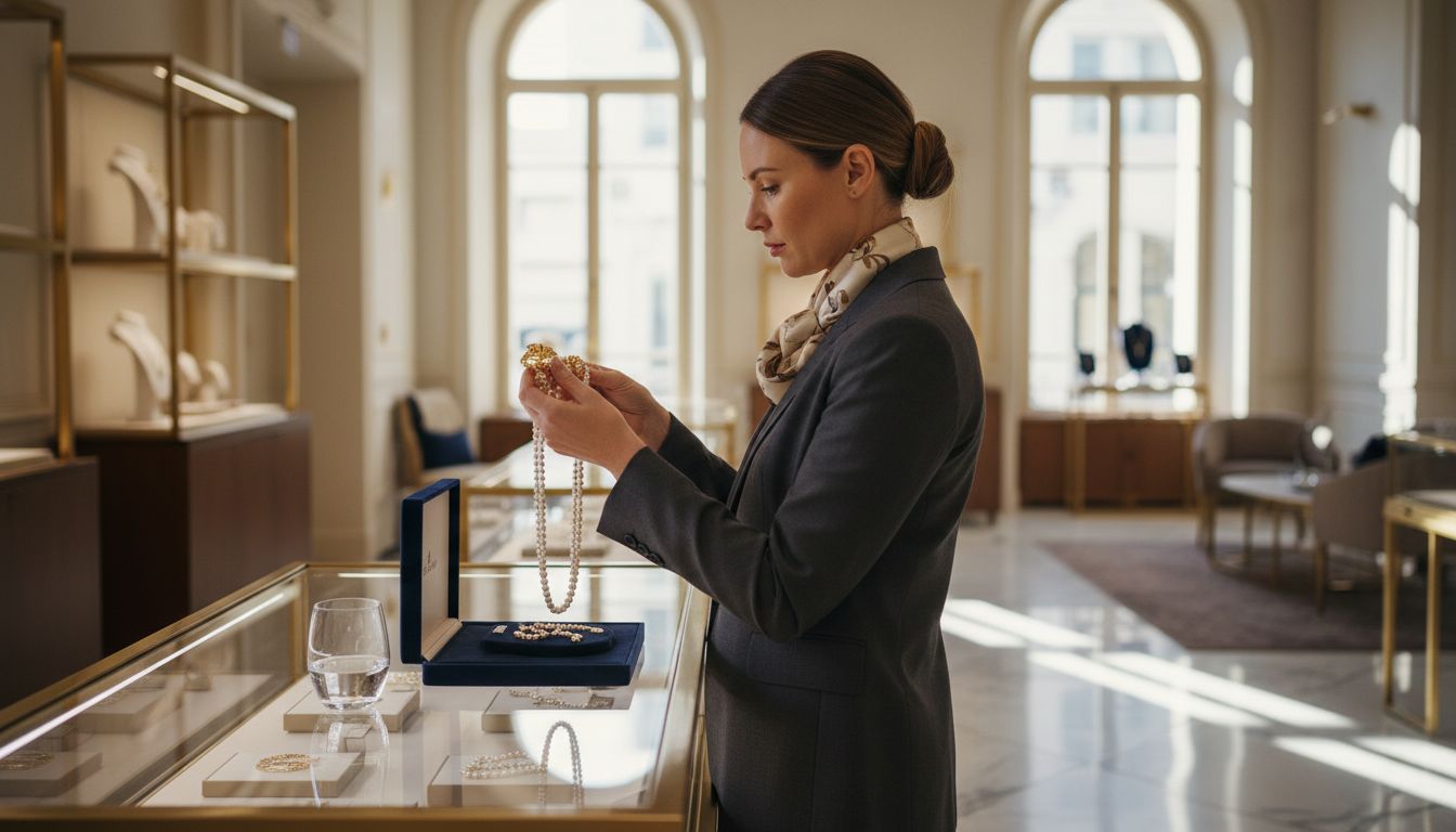 Woman examining necklace in jewelry boutique