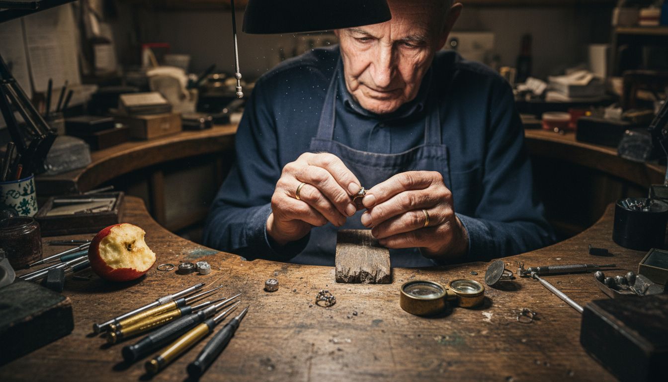 Jeweler polishing ring at cluttered workbench