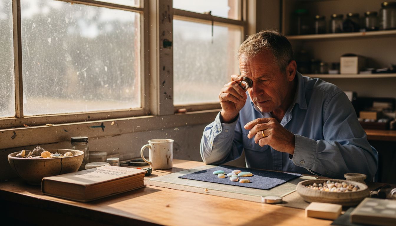 Opal expert examining rare stones at desk