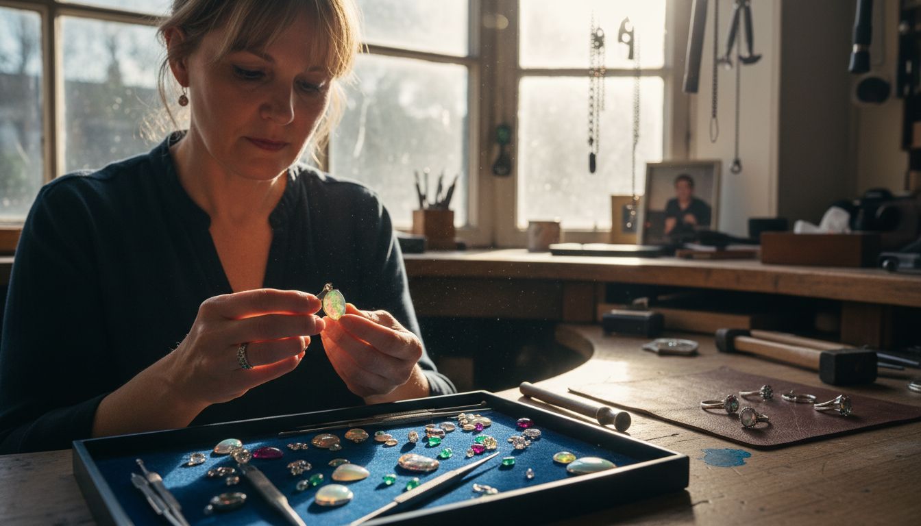 Jeweler inspecting opal pendant in workshop
