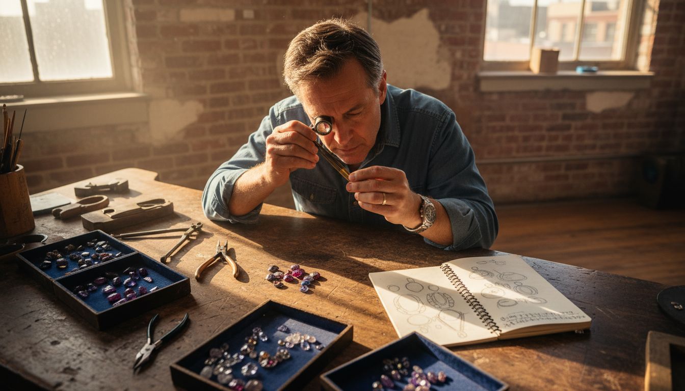 Jeweler analyzing gems at cluttered workbench