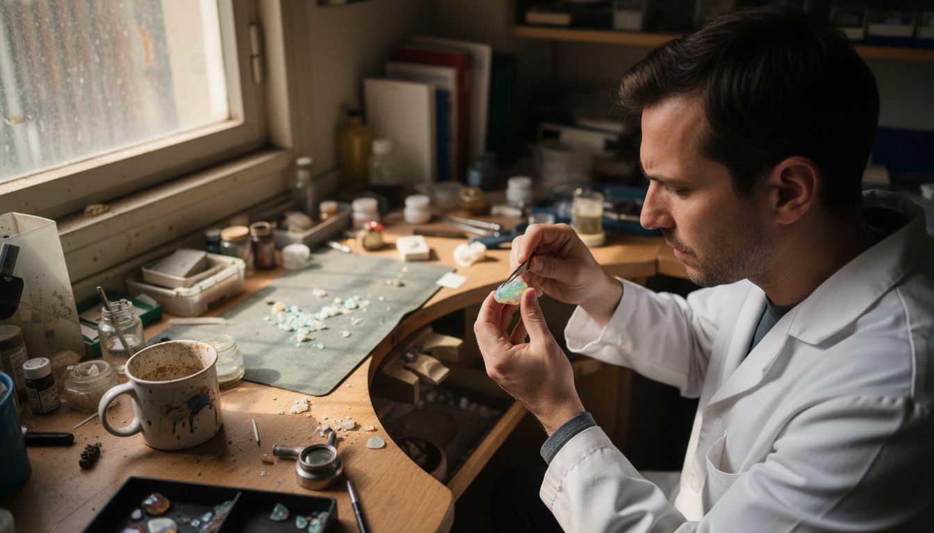 Gemologist examining Ethiopian opal at workbench