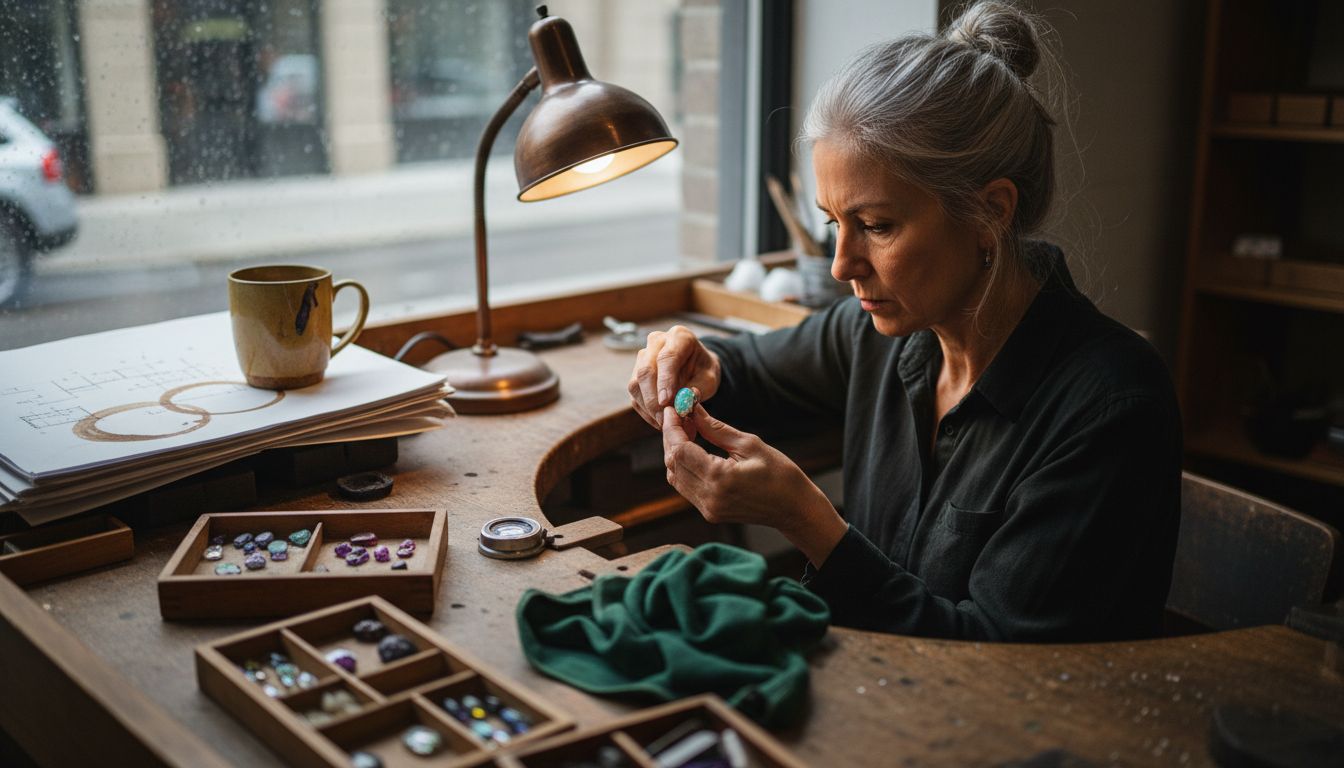Jeweler examining opal ring at workbench