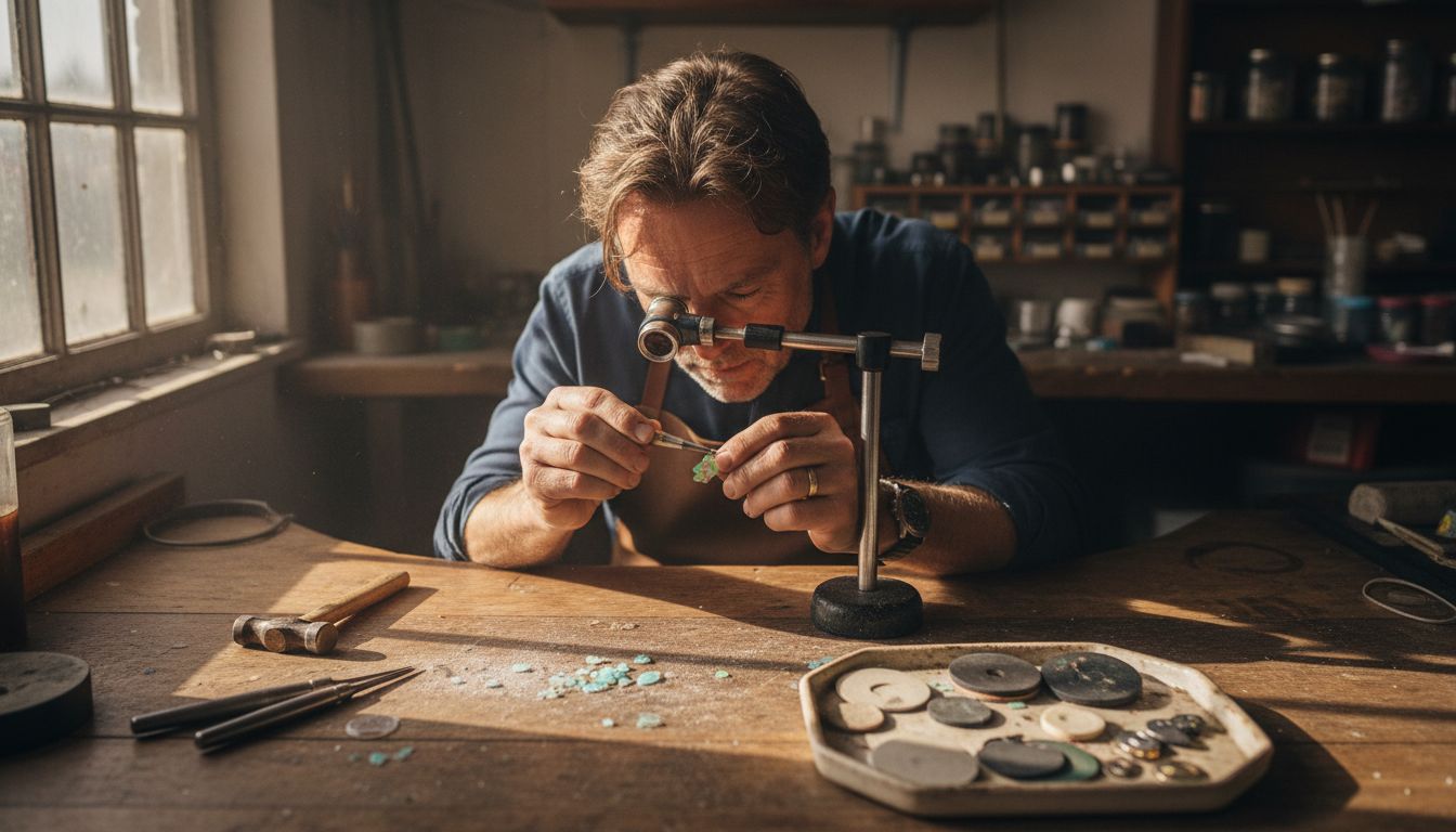 Jeweler examining opal doublet at workbench