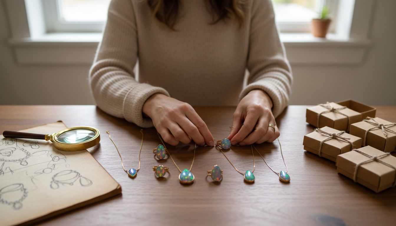 Designer arranging opal jewelry collection on table