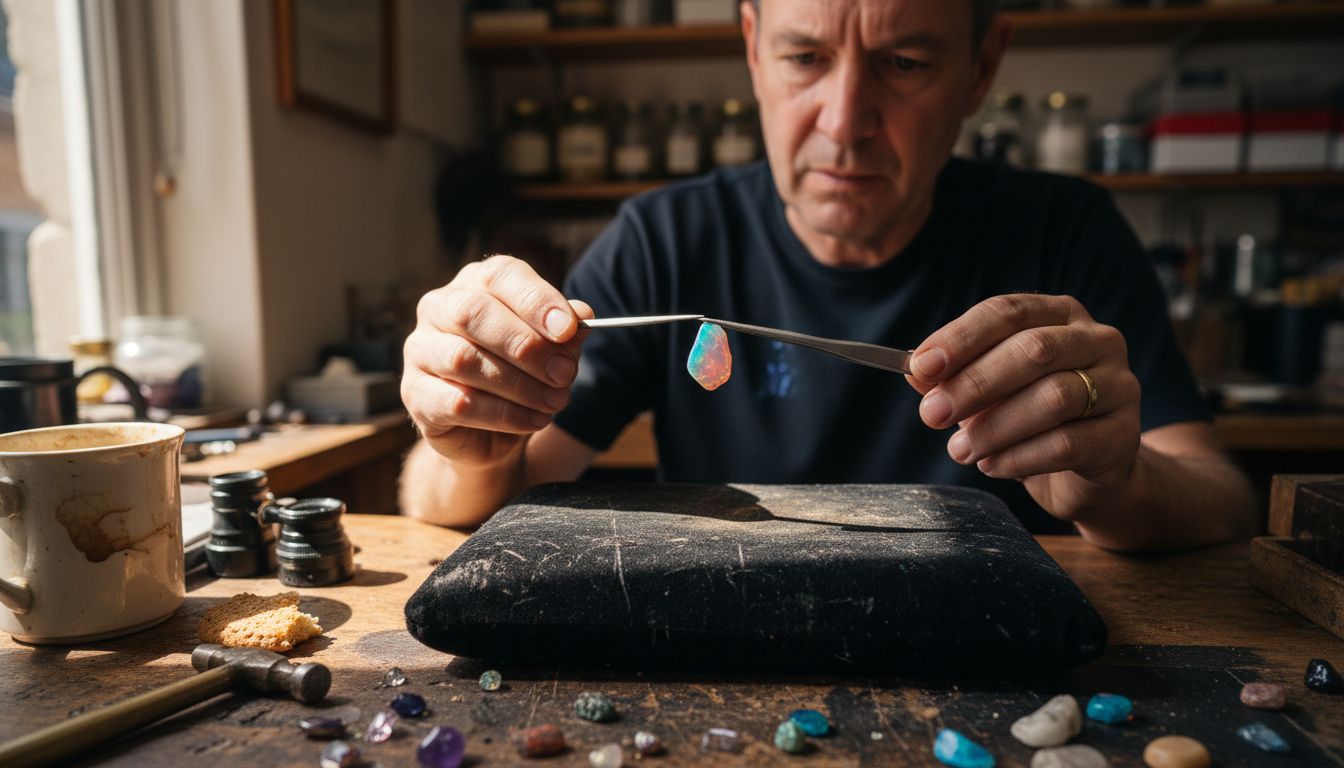 Jeweler examining opal for its fire