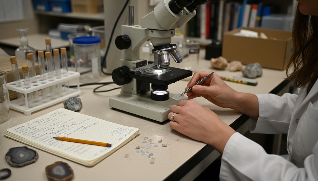 Scientist studying opal color layers closeup