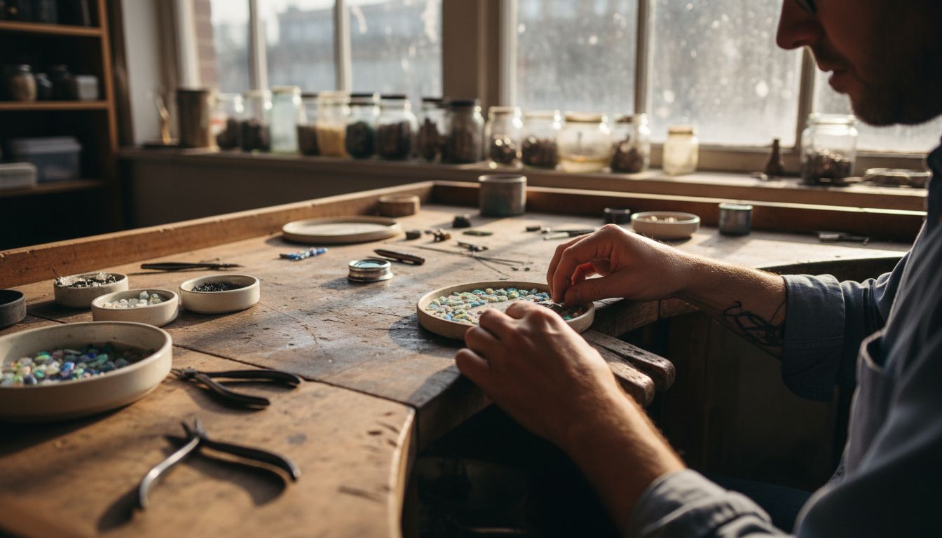 Jewelry artisan arranging opal mosaic fragments