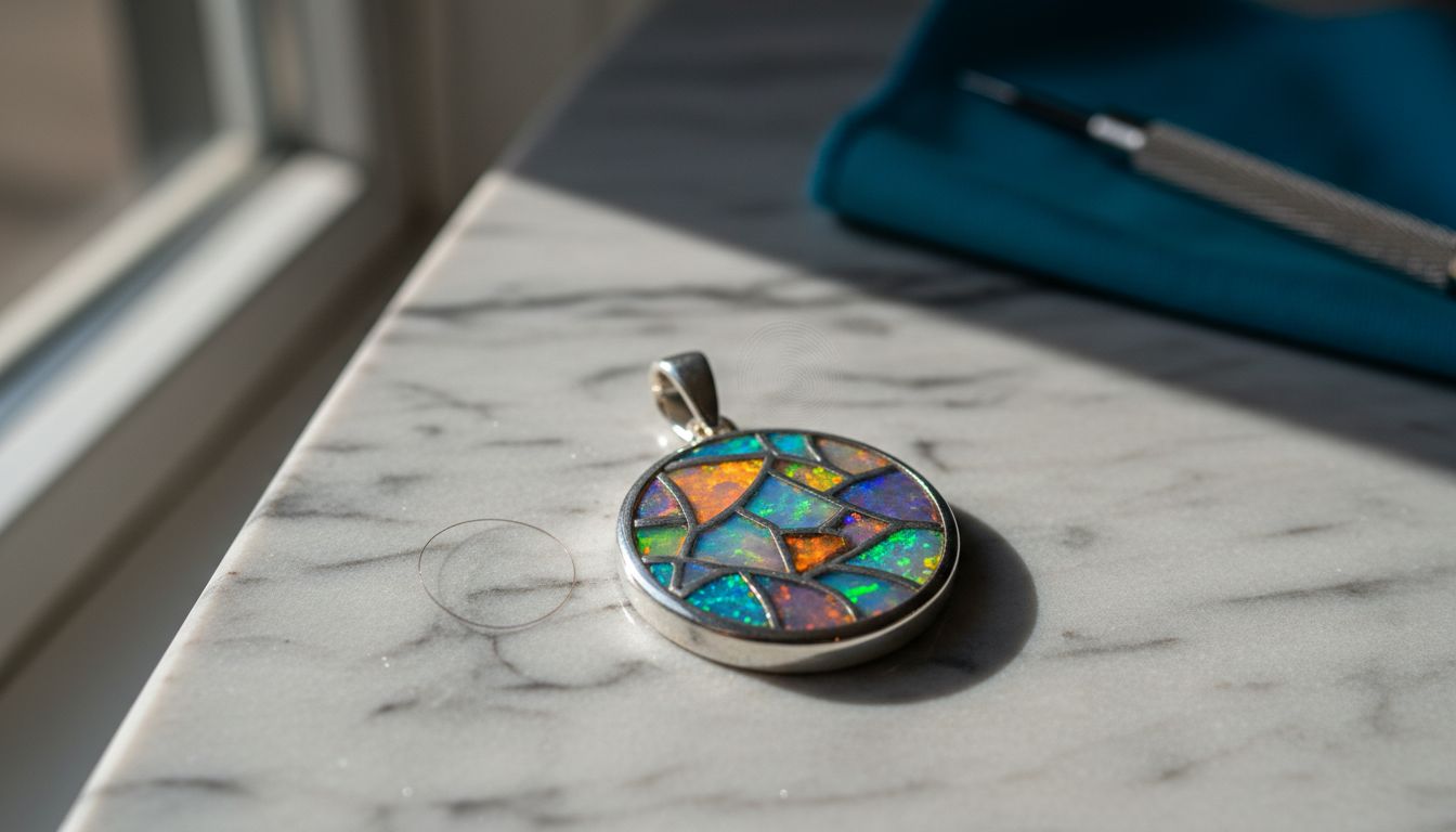 Close-up of opal mosaic pendant jewelry