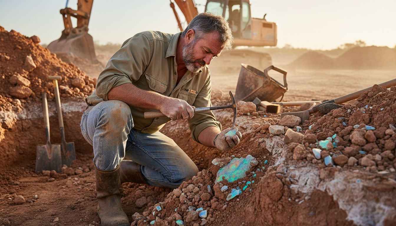 Géologue examine opale brute carrière