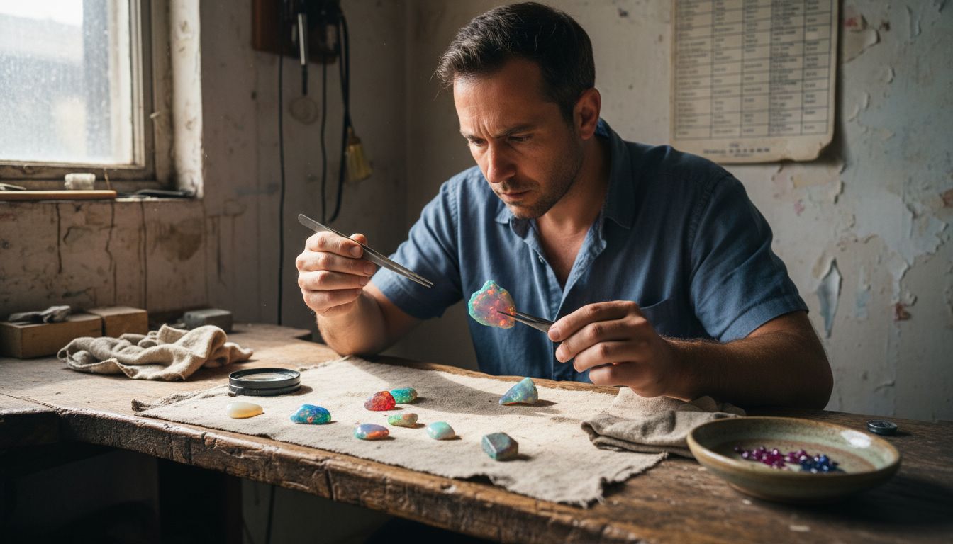 Gemologist examining opals in jewelry studio