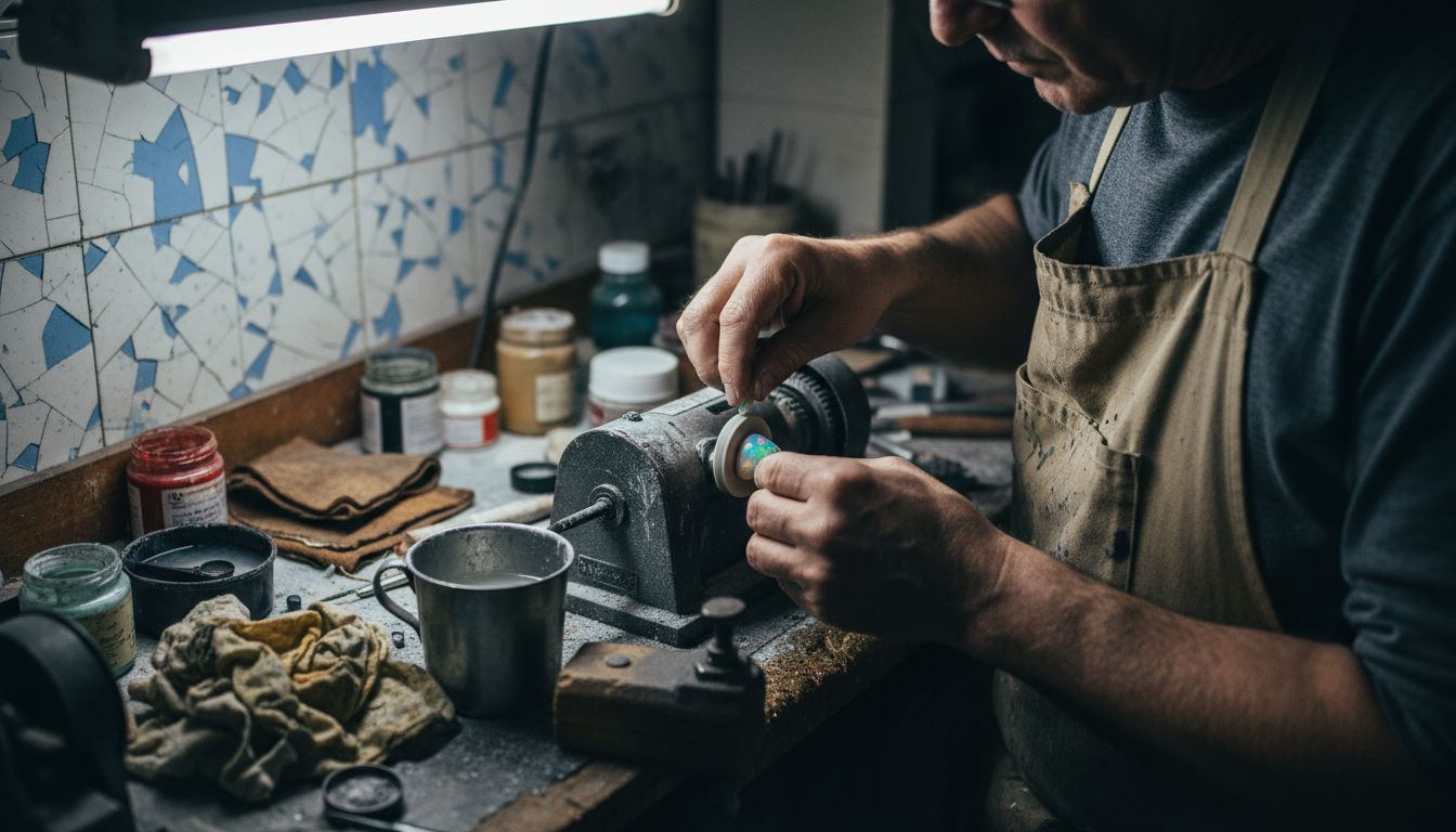 Artisan polishing opal in basement workshop