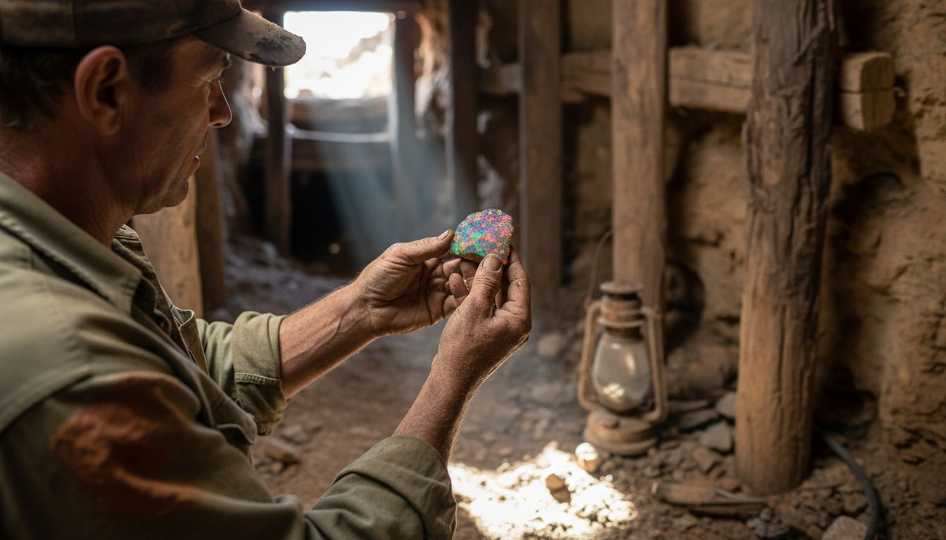 Miner holding opal specimen in tunnel