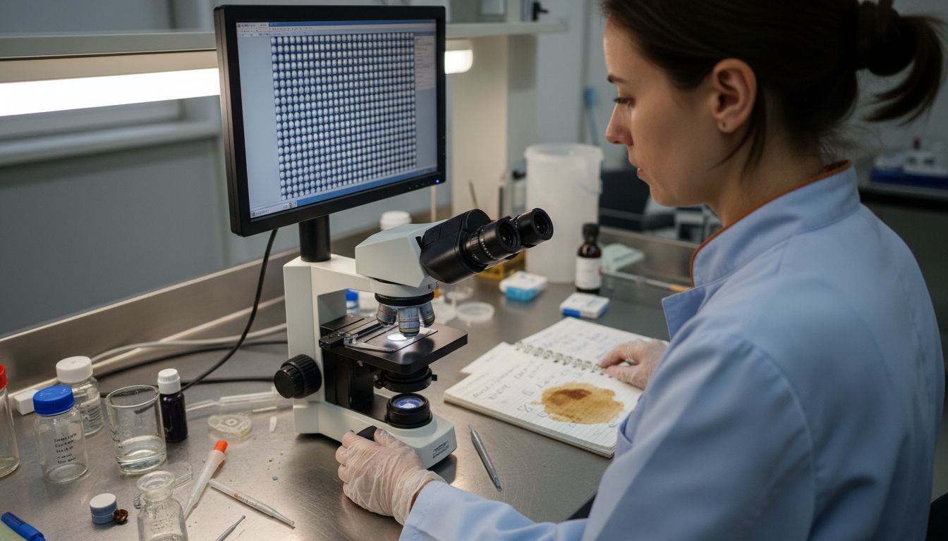 Lab tech studying opal silica spheres