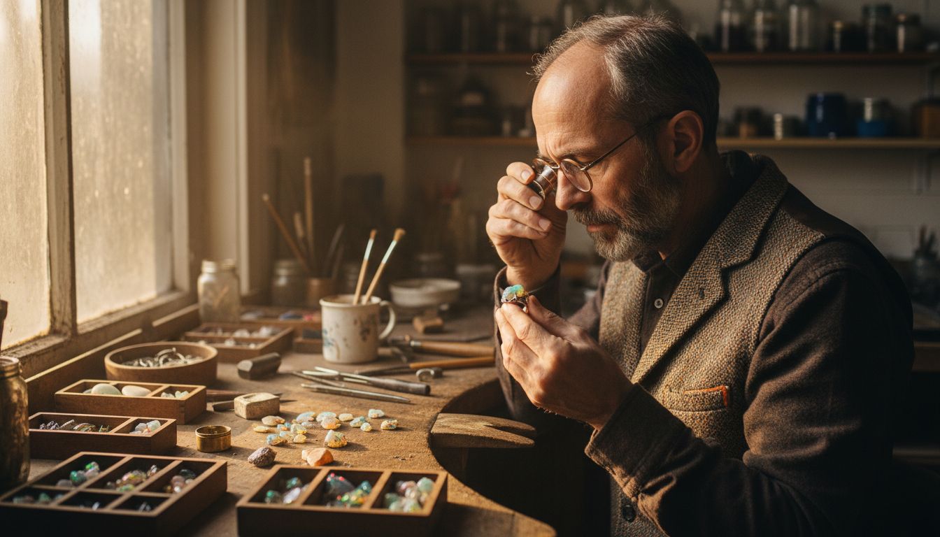 Jewelry artisan examining opal at workbench