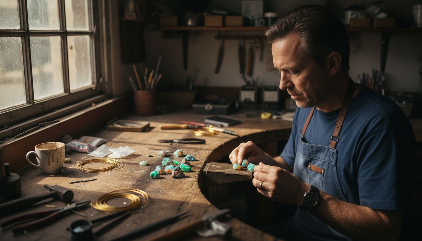 Jeweler selecting opals at workbench