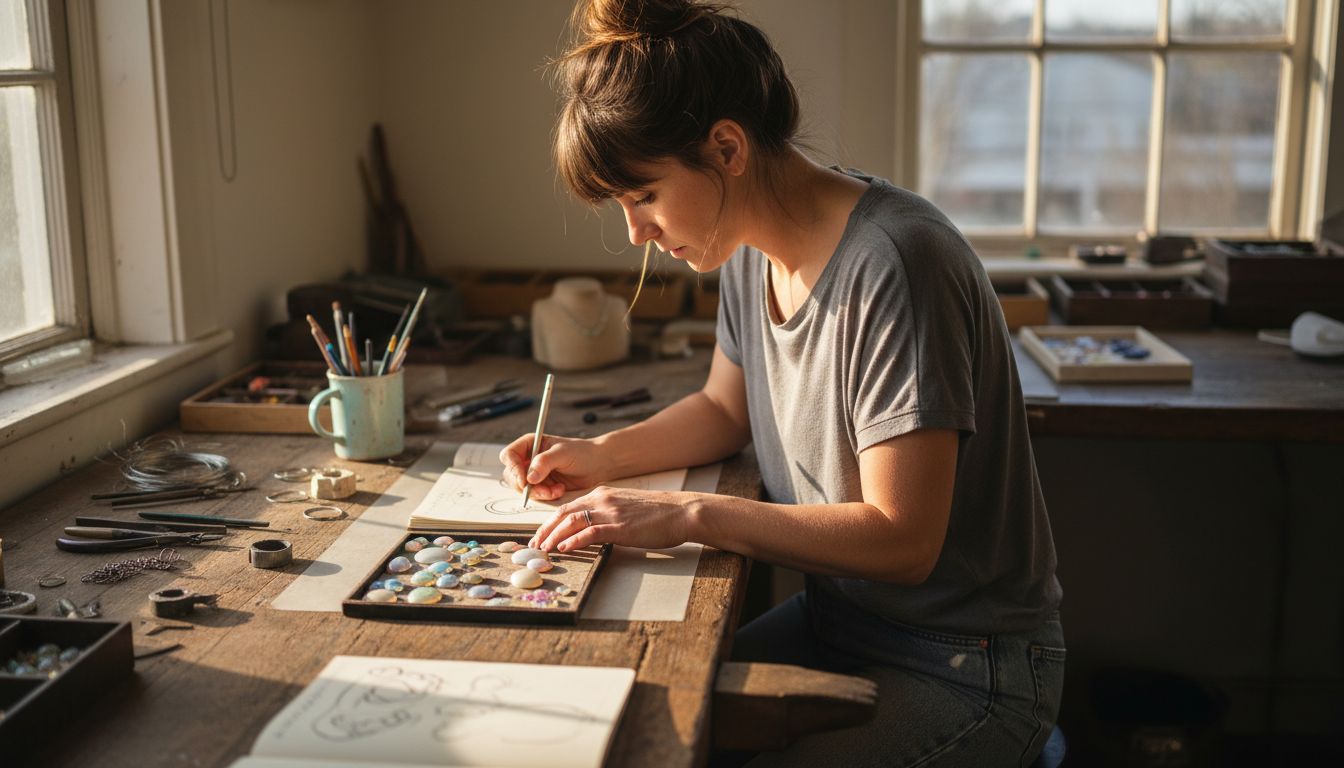 Jewelry designer arranging opals at workbench