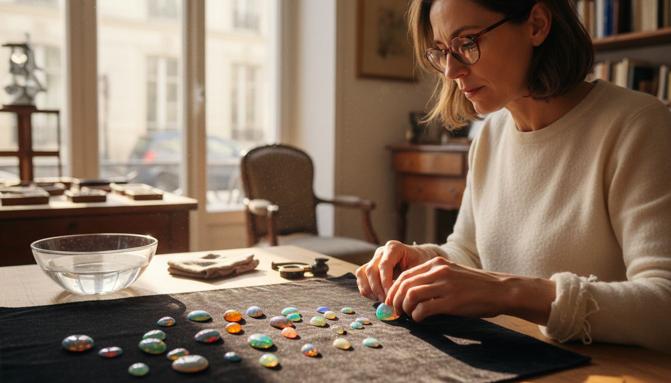 Jewelry expert inspecting French opals in atelier