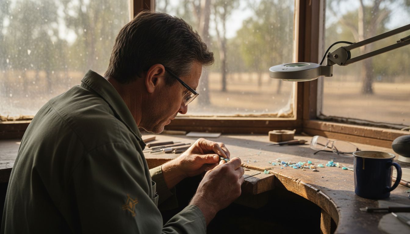 Opal carver at workbench in sunlit studio