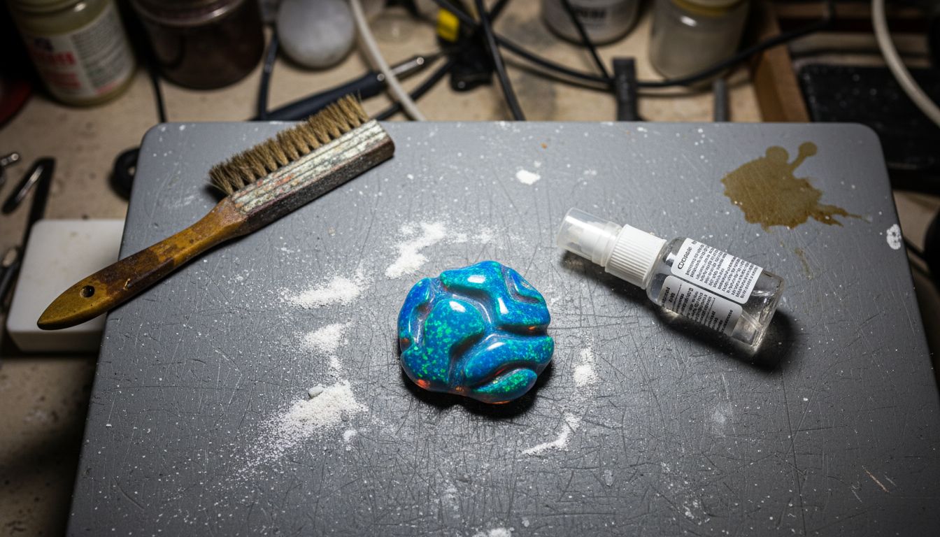 Closeup of black opal being carved