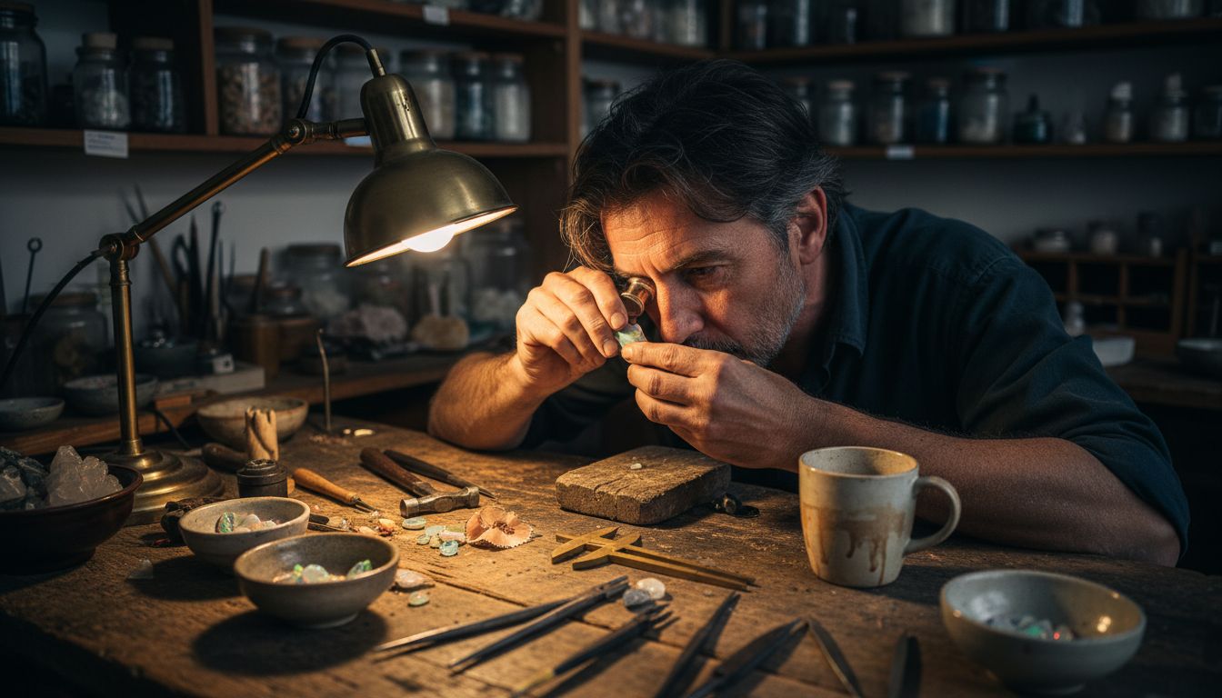 Artisan joaillier travaillant l’opale australienne sur son établi