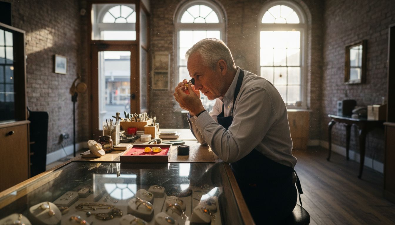 Jeweler examining opal jewelry in shop