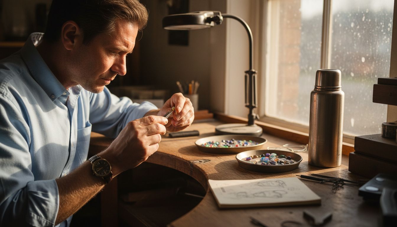 Opal jeweler inspecting gem at workbench