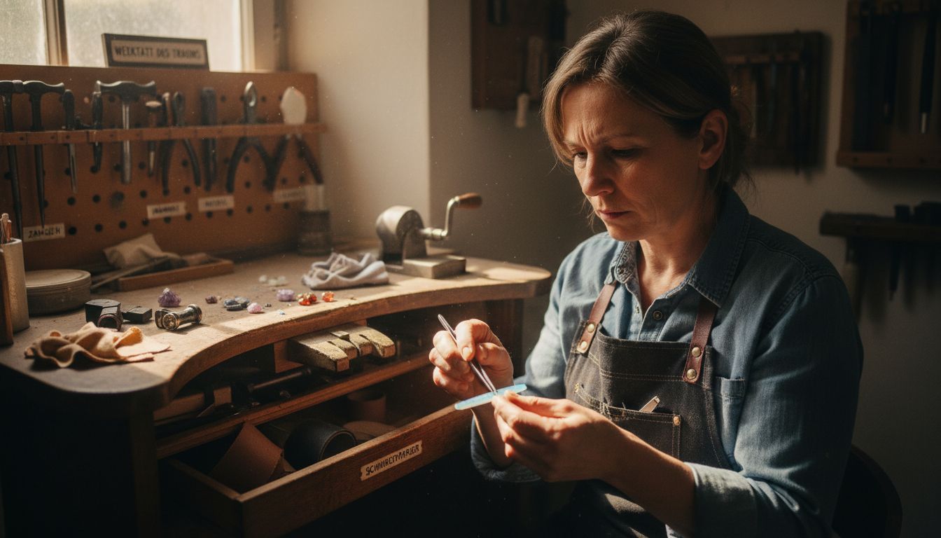 Ein Juwelier begutachtet einen Opal an seiner Werkbank.