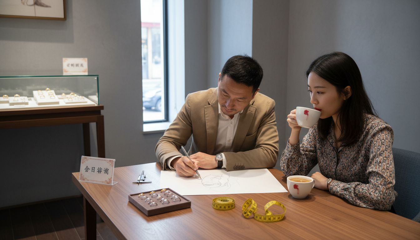 珠宝设计师与客户面对面沟通,探讨专属定制方案。